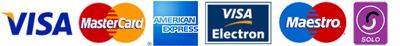 We accept Visa, Mastercard, American Express, Maestro, Solo or Electron credit cards